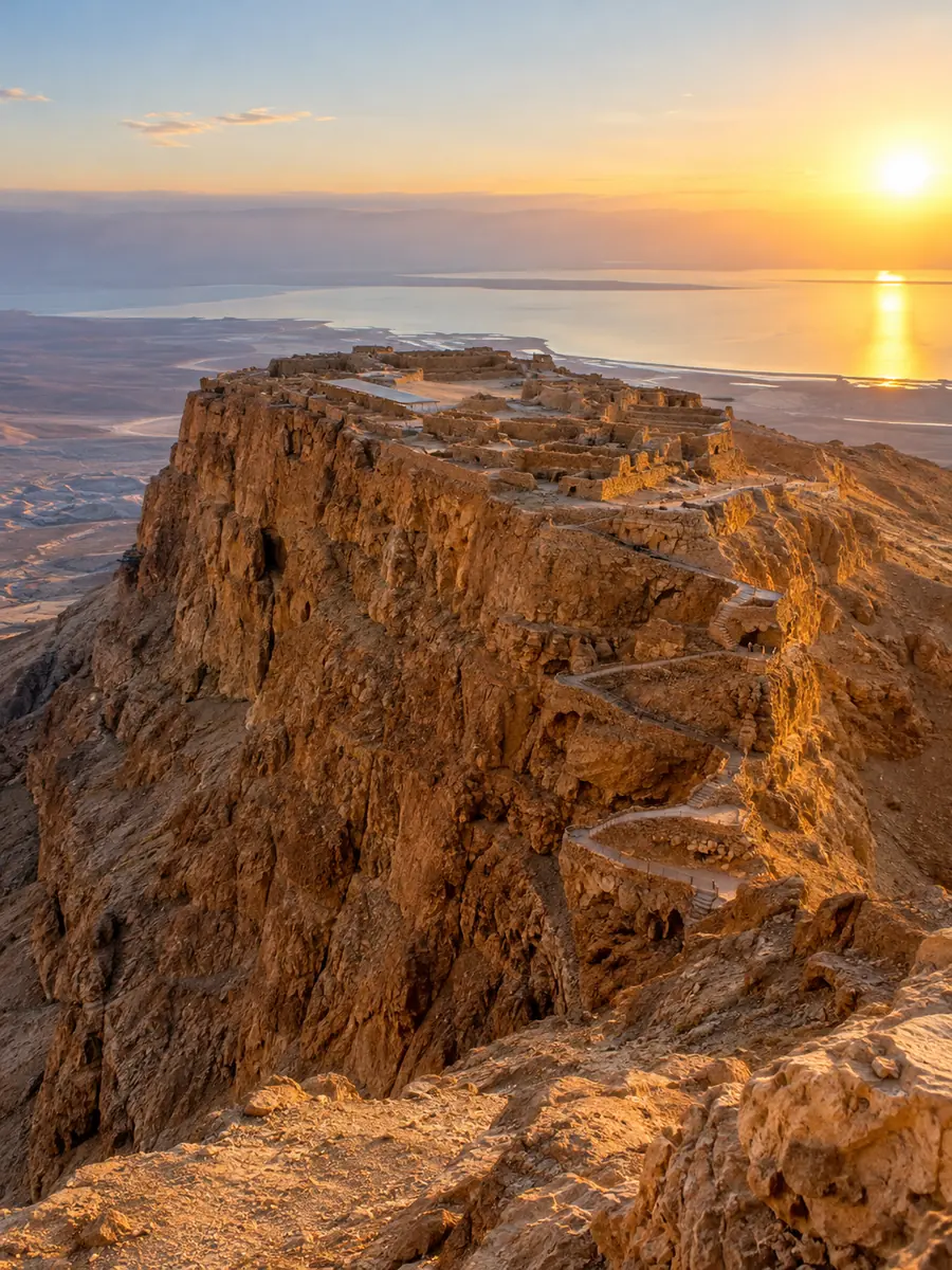 A flat-topped desert mesa with sheer ochre cliffs at sunrise above the Dead Sea